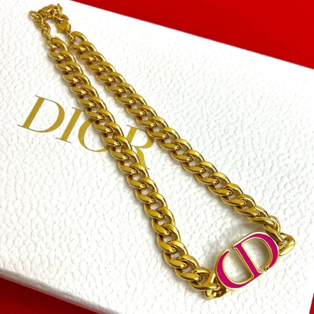 Christian Dior CD Logo Motif GP Chain Necklace Pendant Accessory